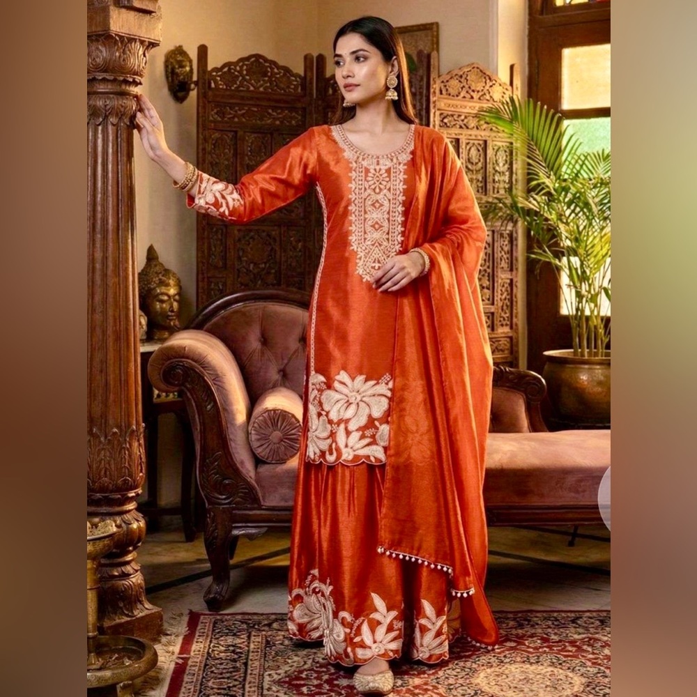 Elegant Orange Embroidered Women Salwar Suit